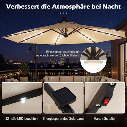 Smėlio spalvos saulės energija varomas LED terasos skėtis, 360° pasukamas, 300 cm
