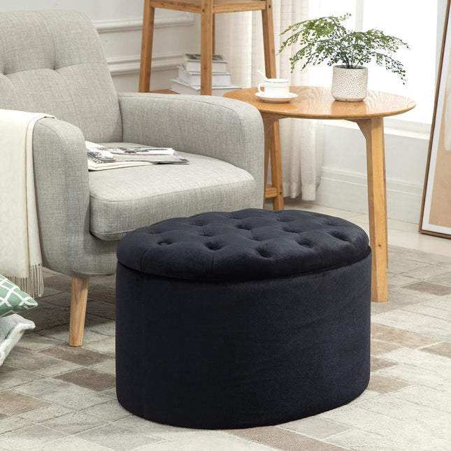 Modern Black Oval Bench - Upholstered Storage, Velvet Smooth Finish