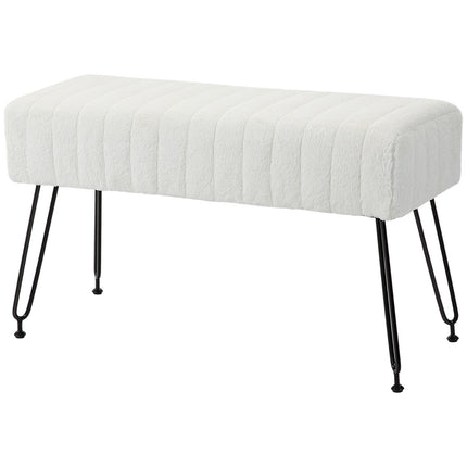 Upholstered cream bench with metal legs, faux fur look