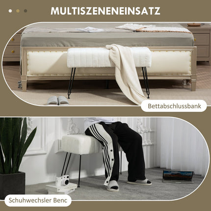 Upholstered cream bench with metal legs, faux fur look
