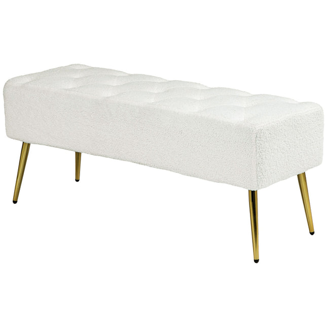 Suoliukas, apmuštas suoliukas su ėriuko vilnos imitacija, sagomis dygsniuotas, lovos suolas su plieninėmis kojelėmis, miegamajam, svetainei, 112 x 41 x 46 cm, kreminės spalvos