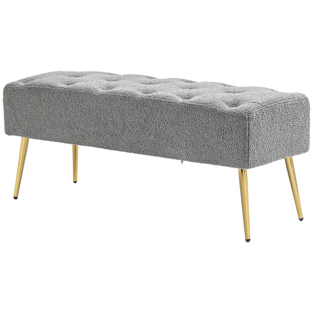 Suoliukas su apmuštu avikailio imitacijos audiniu, sagomis dygsniuotas, lovos suolas su plieninėmis kojelėmis, miegamajam, svetainei, prieškambariui, 112x41x46cm, pilkas