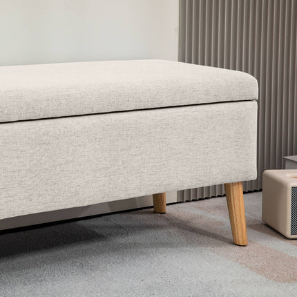 Beige upholstered storage bench - linen look, 110x39x45 cm