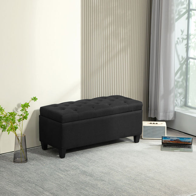 Black upholstered storage bench - 100x40x44 cm, linen-like polyester