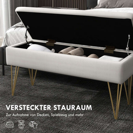 Cream covered storage bench - Linen, steel legs, 100x40x49 cm