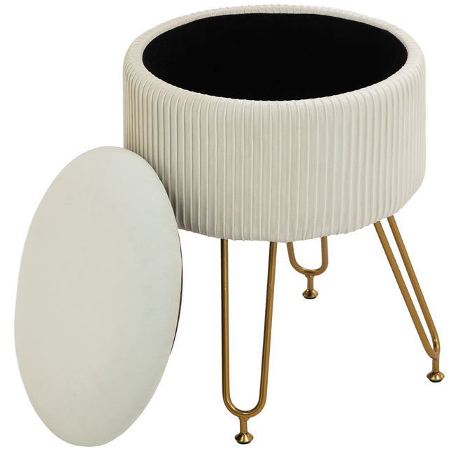 Storage bench, velvet covered, cream colored, steel frame