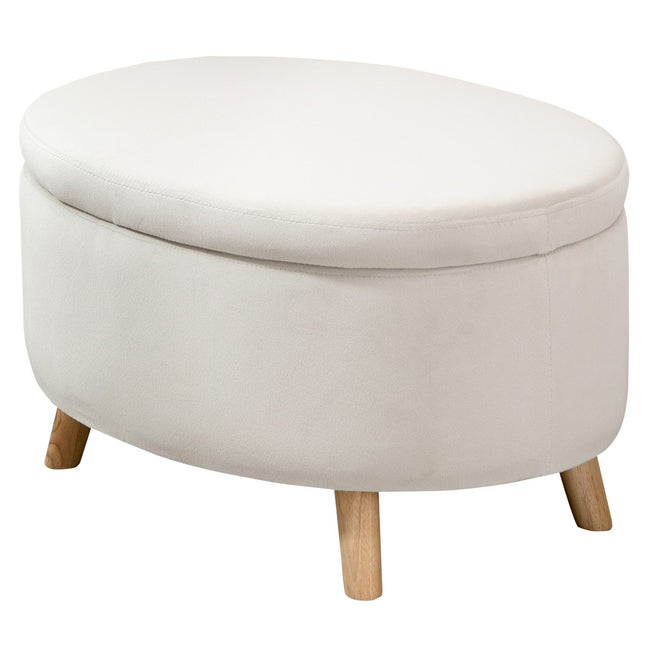Oval upholstered storage bench - velvet look, beige, 71x51.5x42 cm