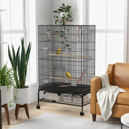 Bird cage aviary with perches, wheels and removable tray