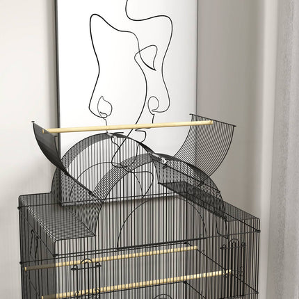 Large steel birdcage, with wheels and feeding station