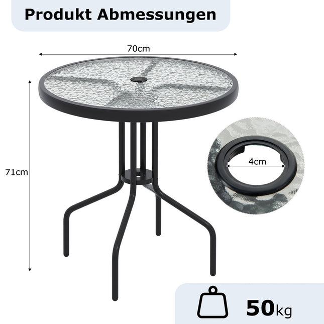 Bistro stalas su skėčio skyle, 70 cm stiklinis stalviršis