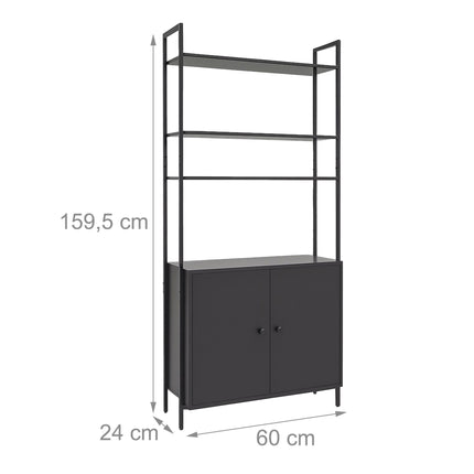 Juoda knygų lentyna su daiktadėže, MDF ir metalas, 4 lentynos