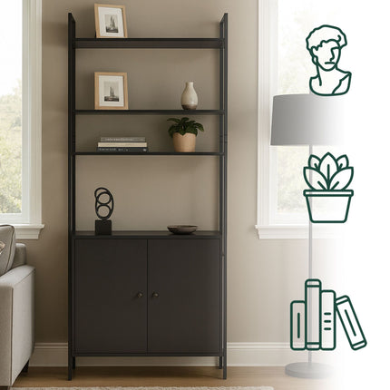 Juoda knygų lentyna su daiktadėže, MDF ir metalas, 4 lentynos