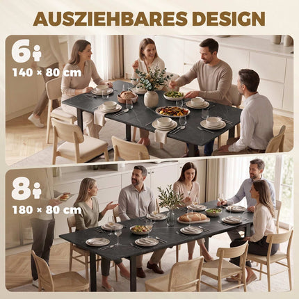 Black Extendable Dining Table 140-180 cm for 6-8, Marble Look, Steel Frame