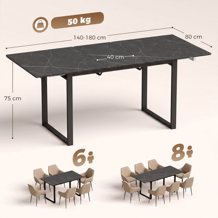 Black Extendable Dining Table 140-180 cm for 6-8, Marble Look, Steel Frame