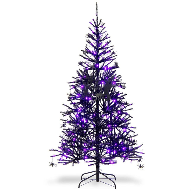 Juoda Helovino eglutė su violetinėmis LED lemputėmis, 183 cm