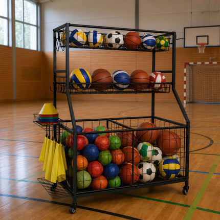 Juodo metalo sportinės įrangos vežimėlis su ratukais
