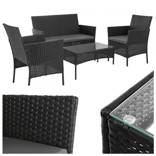 Juodo rotango sodo baldų komplektas – 2 kėdės, sofa, stalas