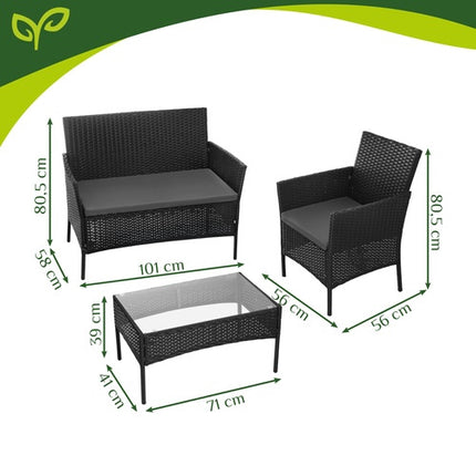 Juodo rotango sodo baldų komplektas – 2 kėdės, sofa, stalas