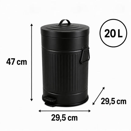 Juoda retro stiliaus šiukšliadėžė su pedalu, 20 l talpos, švelniai užsidarantis dangtis