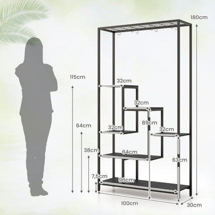 Black plant stand 6 tiers 180 cm plant shelf metal with 10 S-hooks