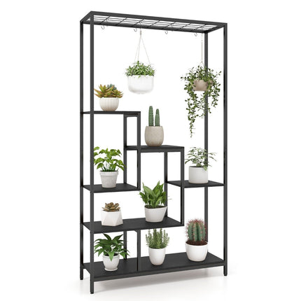 Black plant stand 6 tiers 180 cm plant shelf metal with 10 S-hooks