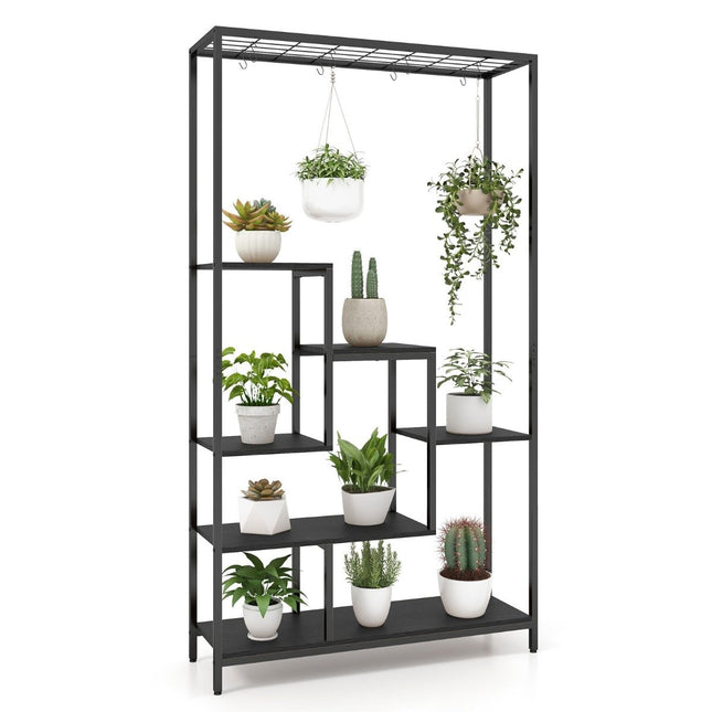 Juodas augalų stovas, 6 pakopų, 180 cm, metalinė lentyna su 10 S formos kabliukų