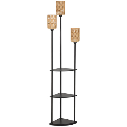 Boho Floor Lamp with 3 Shelves and 3 Paper Rope Shades, E27, Black