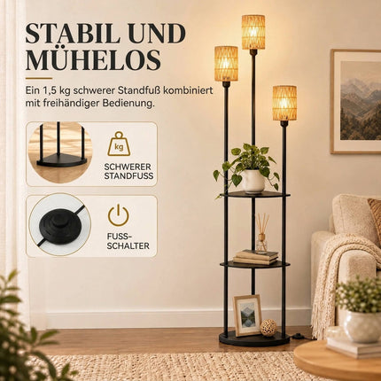 Boho Floor Lamp with 3 Shelves and 3 Paper Rope Shades, E27, Black