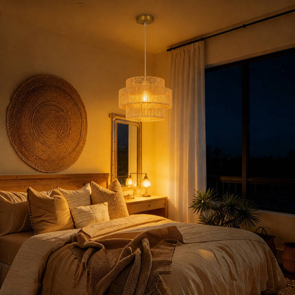 Boho Pendant Light with 3-Tier Hemp Rope Shade, E27, Light Brown