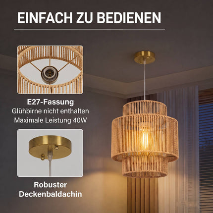 Boho Pendant Light with 3-Tier Hemp Rope Shade, E27, Light Brown