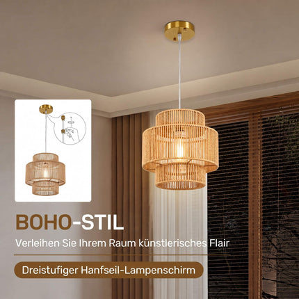 Boho Pendant Light with 3-Tier Hemp Rope Shade, E27, Light Brown