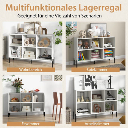 Knygų lentyna su 6 skyriais, stovima lentyna su pakeltomis metalinėmis kojelėmis ir reguliuojamo aukščio lentynomis, 120 x 35 x 79,5 cm, balta