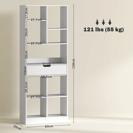 Knygų lentyna-stovi lentyna su 9 lentynomis, 1 stalčiumi, sandėliavimo lentyna su apsauga nuo pasvirimo, biuro lentyna svetainei, biuras, 60 x 26 x 158 cm, balta