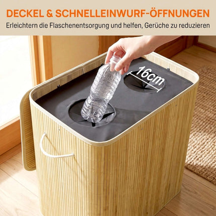 Bottle Deposit Collector with Lid 150 L, 2 Compartments, Bamboo, Natural, Beige