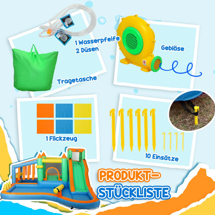 Pripučiama šokinėjimo pilis su pūstuvu, vandens čiuožykla, vaikišku baseinėliu, kamuoliukų baseinu, laipiojimo siena, mėtymo lanku, šuoliuku, krepšinio lanku, vandens patranka, pripučiama šokinėjimo pilis 3-8 metų vaikams, 416 x 370 x 195
