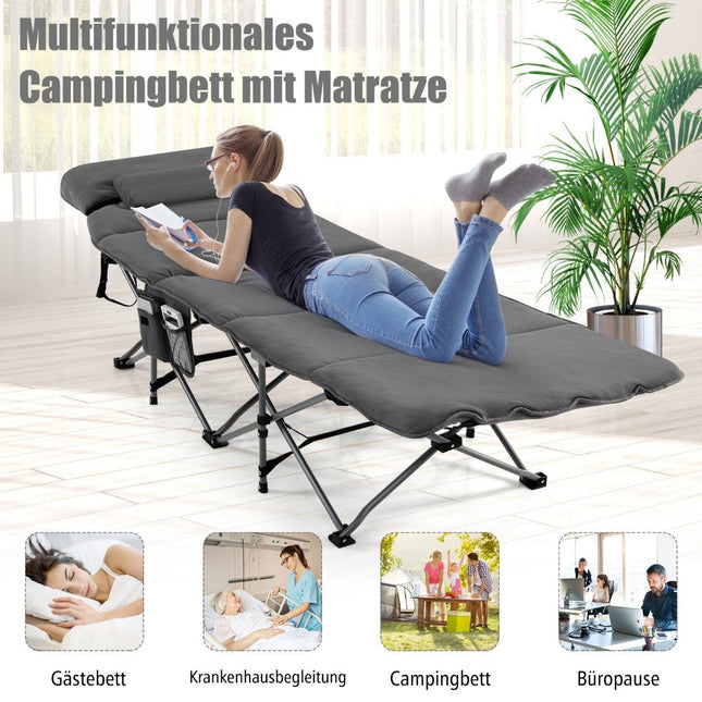 Sulankstoma stovyklavietės lova su čiužiniu 185 cm x 65 cm x 41-53 cm pilka