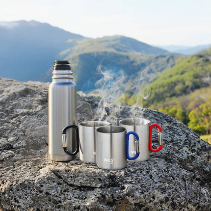 Camping Cup, Carabiner, 300ml Stainless Steel, Blue