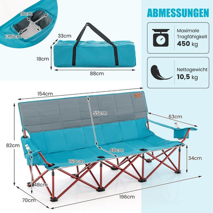 Camping chair for 3 people with padded seat &amp; Cup holder &amp; 450 kg load capacity blue
