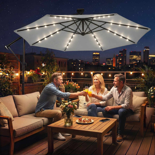 Konsolinis kiemo skėtis, 3x3m, saulės energija varomas LED apšvietimas, atsparus UV spinduliams