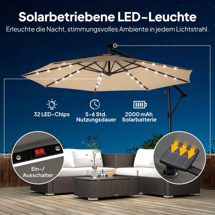 Konsolinis terasos skėtis su LED šviesa, 3x3m, smėlio spalvos