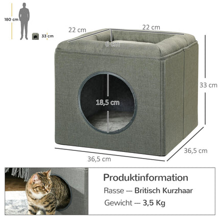 Kačių ola 36,5 x 36,5 x 33 cm dviejų aukštų kačių namelis su pagalvėle, šunų namelis katėms iki 5 kg, žalios spalvos