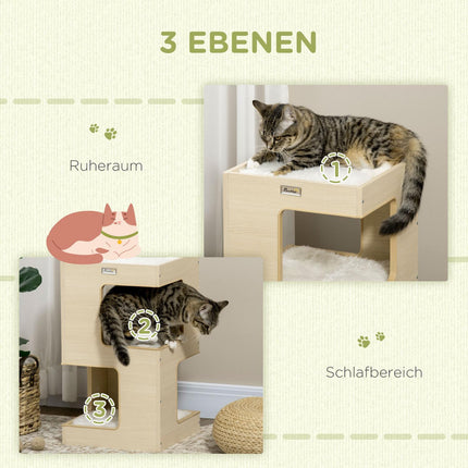 3-level indoor oak cat house with pillow and toy
