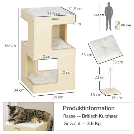 3-level indoor oak cat house with pillow and toy