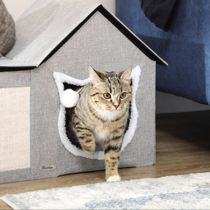Cat cave with scratching surface, doors and padded cushion