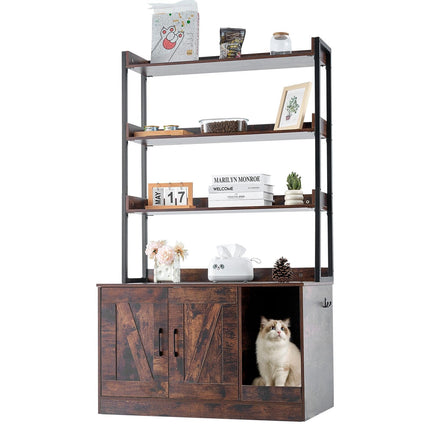 Cat Litter Box Enclosure Cabinet, 3 Storage Shelves, Large, Dark Brown