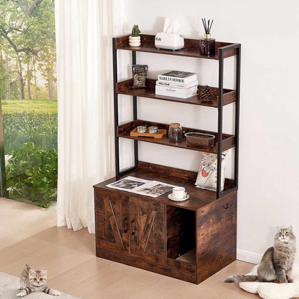 Cat Litter Box Enclosure Cabinet, 3 Storage Shelves, Large, Dark Brown