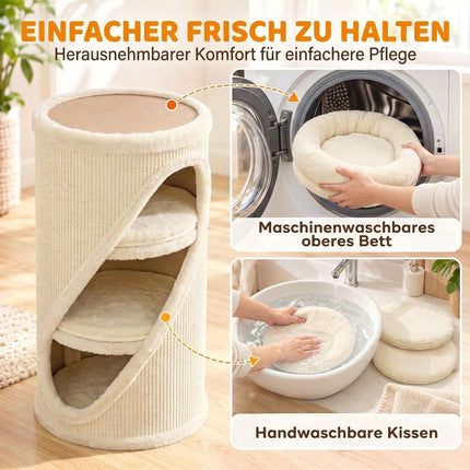 Cat Scratching Barrel 75 cm with 3 Caves and Washable Bed, Ø 35 cm, Beige