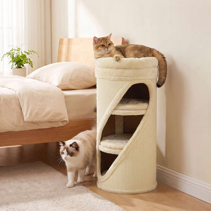 Cat Scratching Barrel 75 cm with 3 Caves and Washable Bed, Ø 35 cm, Beige