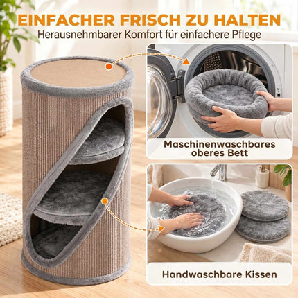Cat Scratching Barrel 75 cm with 3 Caves and Washable Bed, Ø 35 cm, Grey