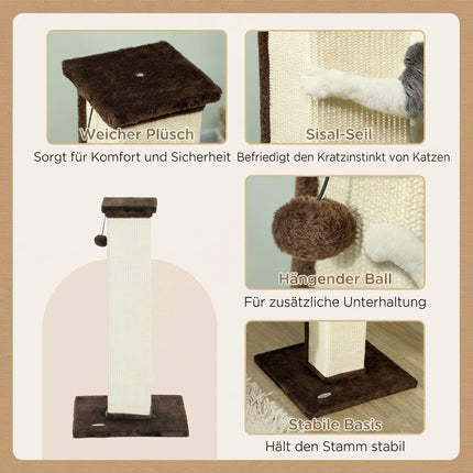 Cat Scratching Post 81 cm with Sisal Rope and Ball Toy, Plush Base, Brown, Cream